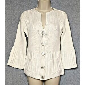 PURE Handknit Sweater S/M Cardigan Silver Metallic Glass Button 100% Cotton Chic